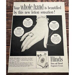 Hinds Honey Almond Hand Lotion Print Ad Vintage 1948 Beauty Bottle 40s